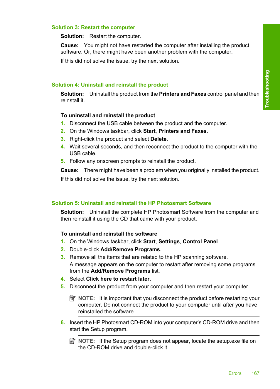 Solution 3: restart the computer, Solution 4: uninstall and reinstall the product | HP Deskjet F4240 All-in-One Printer User Manual | Page 170 / 227