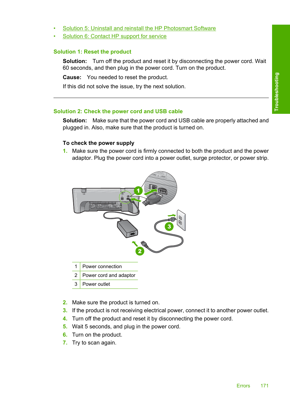 Solution 1: reset the product, Solution 2: check the power cord and usb cable | HP Deskjet F4240 All-in-One Printer User Manual | Page 174 / 227