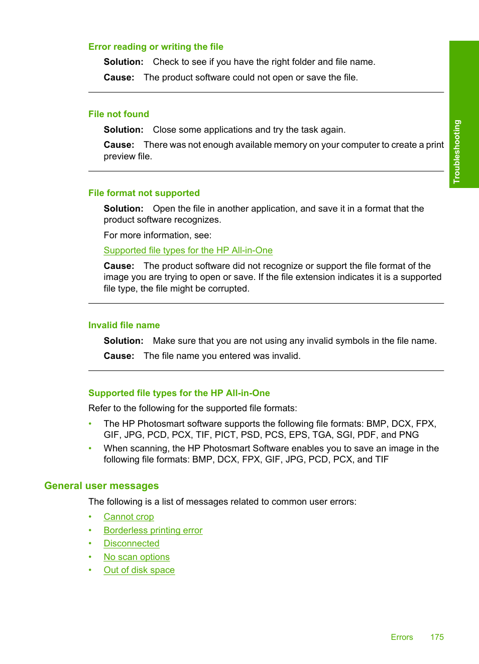 Supported file types for the hp all-in-one, General user messages, Error reading or writing the file | File not found, File format not supported, Invalid file name | HP Deskjet F4240 All-in-One Printer User Manual | Page 178 / 227