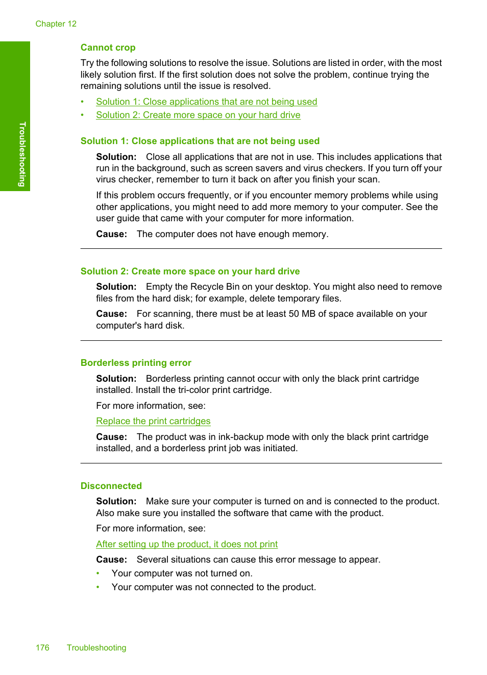 Cannot crop, Borderless printing error, Disconnected | HP Deskjet F4240 All-in-One Printer User Manual | Page 179 / 227