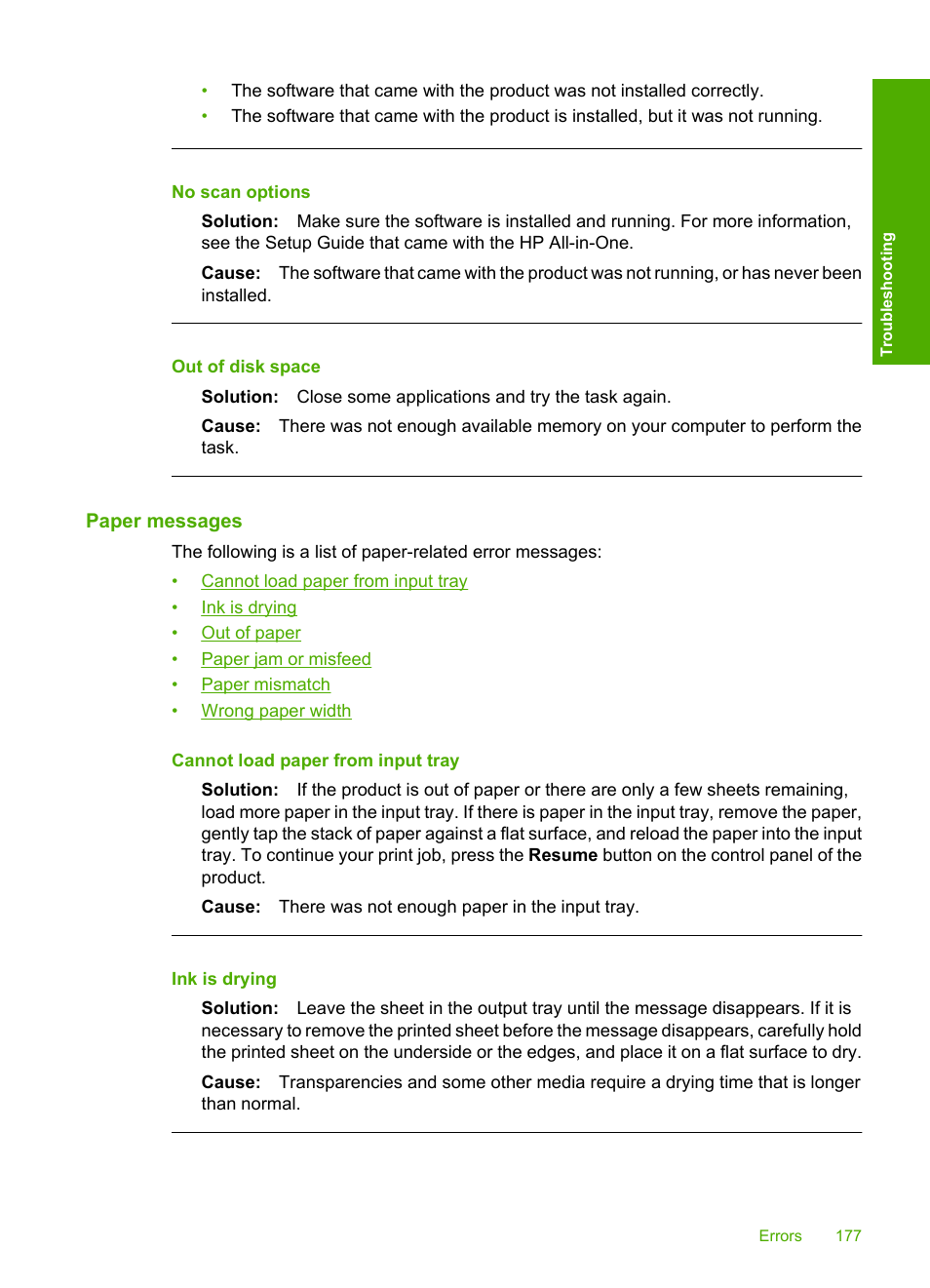 Paper messages, No scan options, Out of disk space | HP Deskjet F4240 All-in-One Printer User Manual | Page 180 / 227