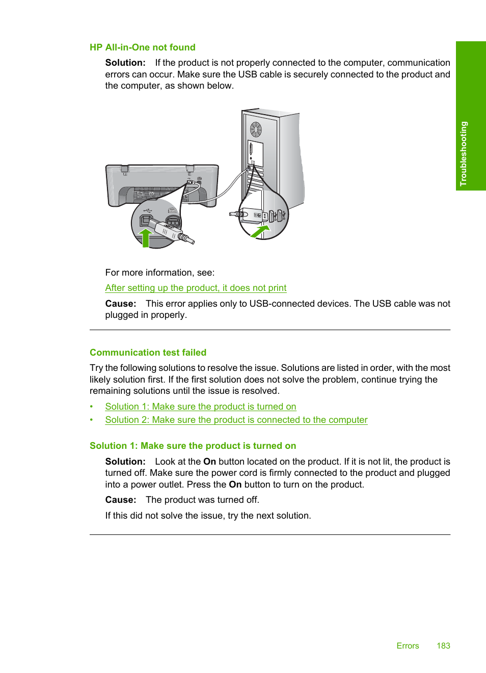 Communication test failed, Hp all-in-one not found | HP Deskjet F4240 All-in-One Printer User Manual | Page 186 / 227