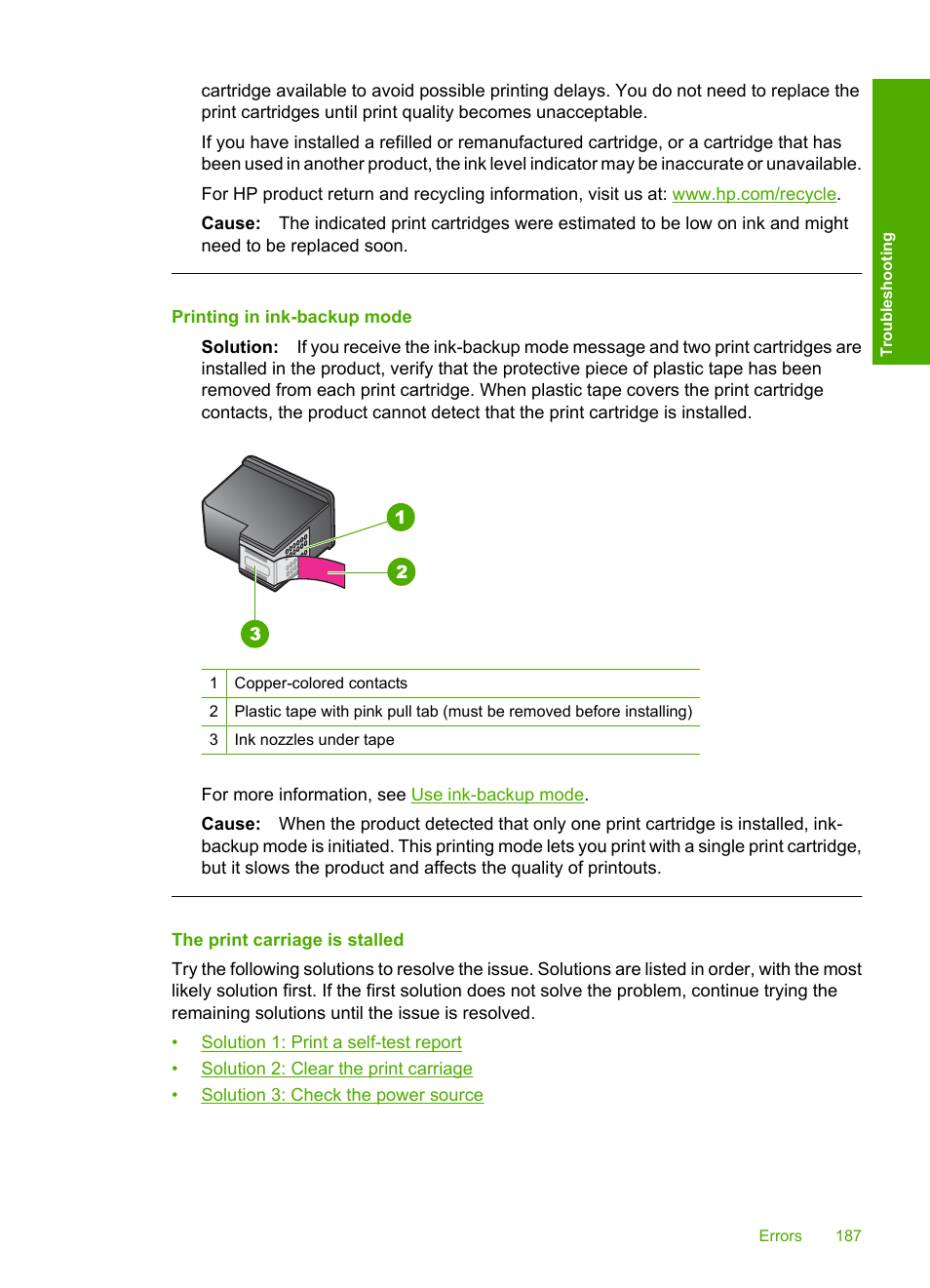 The print carriage is stalled, Printing in ink-backup mode | HP Deskjet F4240 All-in-One Printer User Manual | Page 190 / 227
