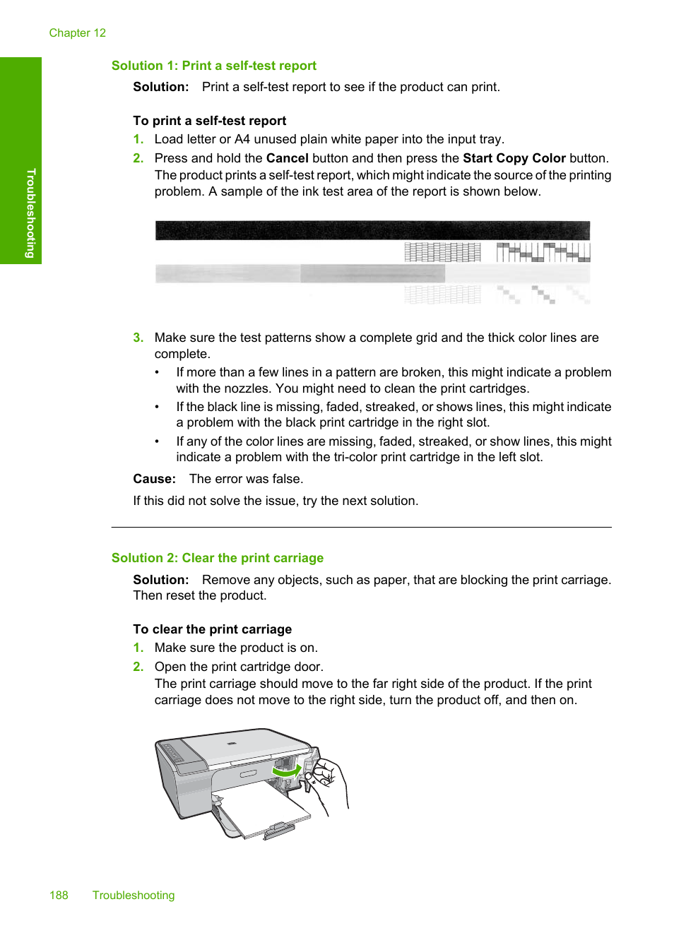 Solution 1: print a self-test report, Solution 2: clear the print carriage | HP Deskjet F4240 All-in-One Printer User Manual | Page 191 / 227