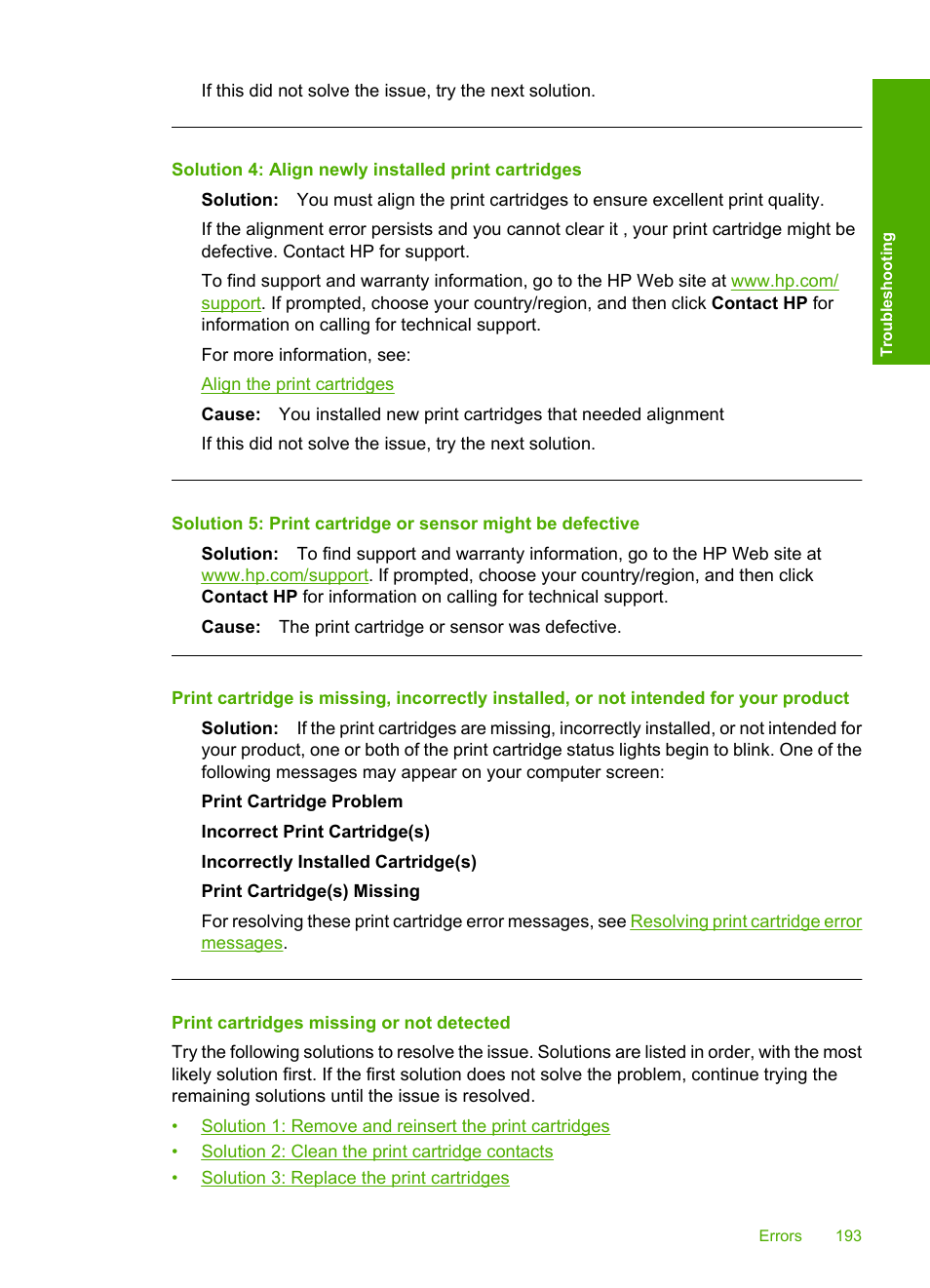 Print cartridges missing or not detected, Solution 4: align newly installed print cartridges | HP Deskjet F4240 All-in-One Printer User Manual | Page 196 / 227