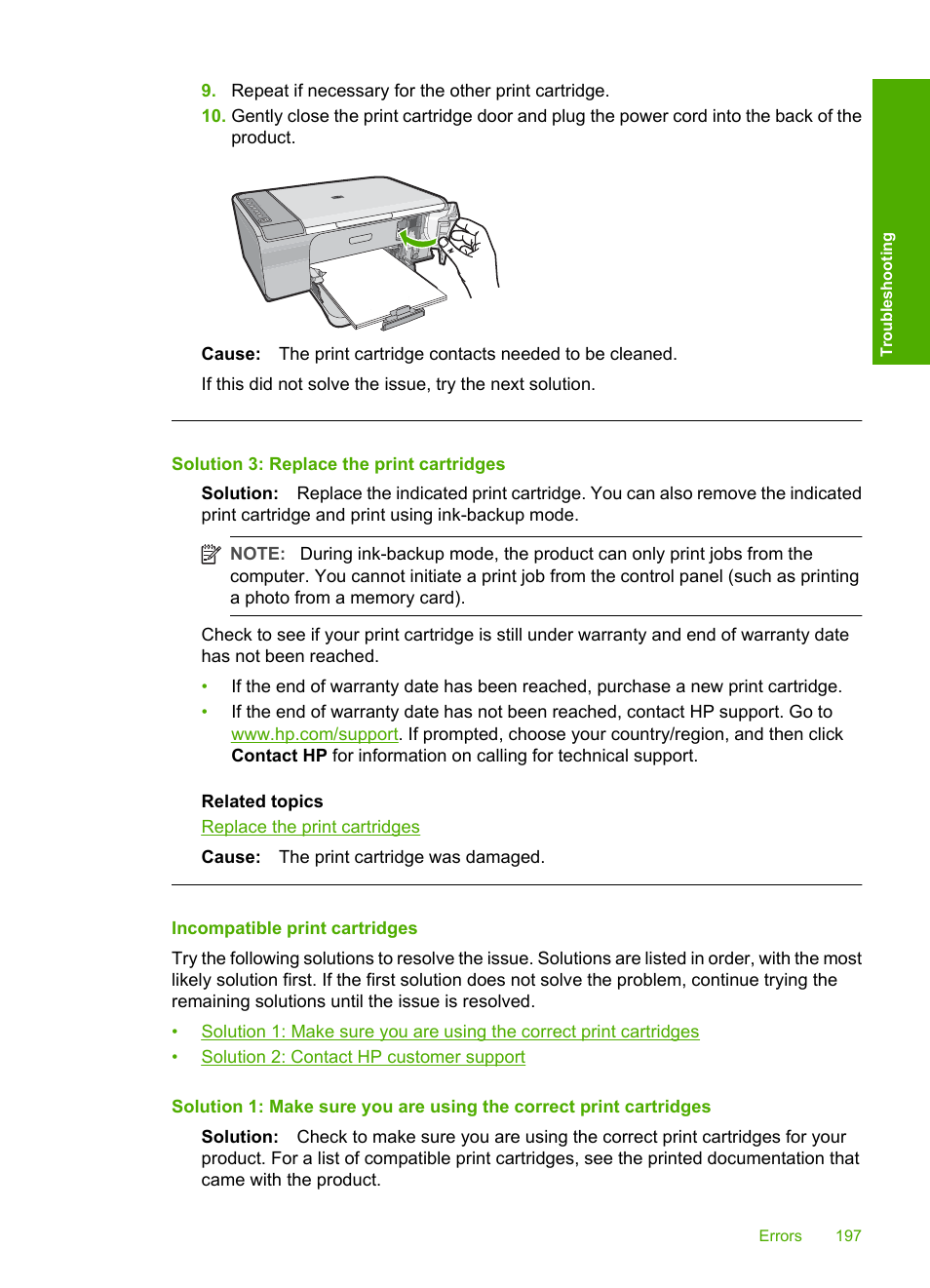 Incompatible print cartridges, Solution 3: replace the print cartridges | HP Deskjet F4240 All-in-One Printer User Manual | Page 200 / 227