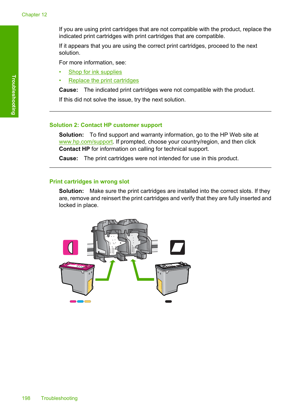 Print cartridges in wrong slot | HP Deskjet F4240 All-in-One Printer User Manual | Page 201 / 227