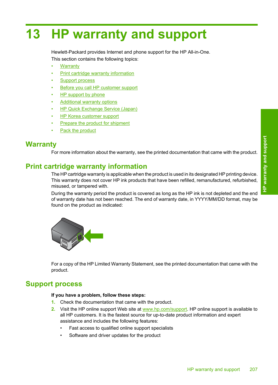 Hp warranty and support, Warranty, Print cartridge warranty information | Support process, 13 hp warranty and support | HP Deskjet F4240 All-in-One Printer User Manual | Page 210 / 227