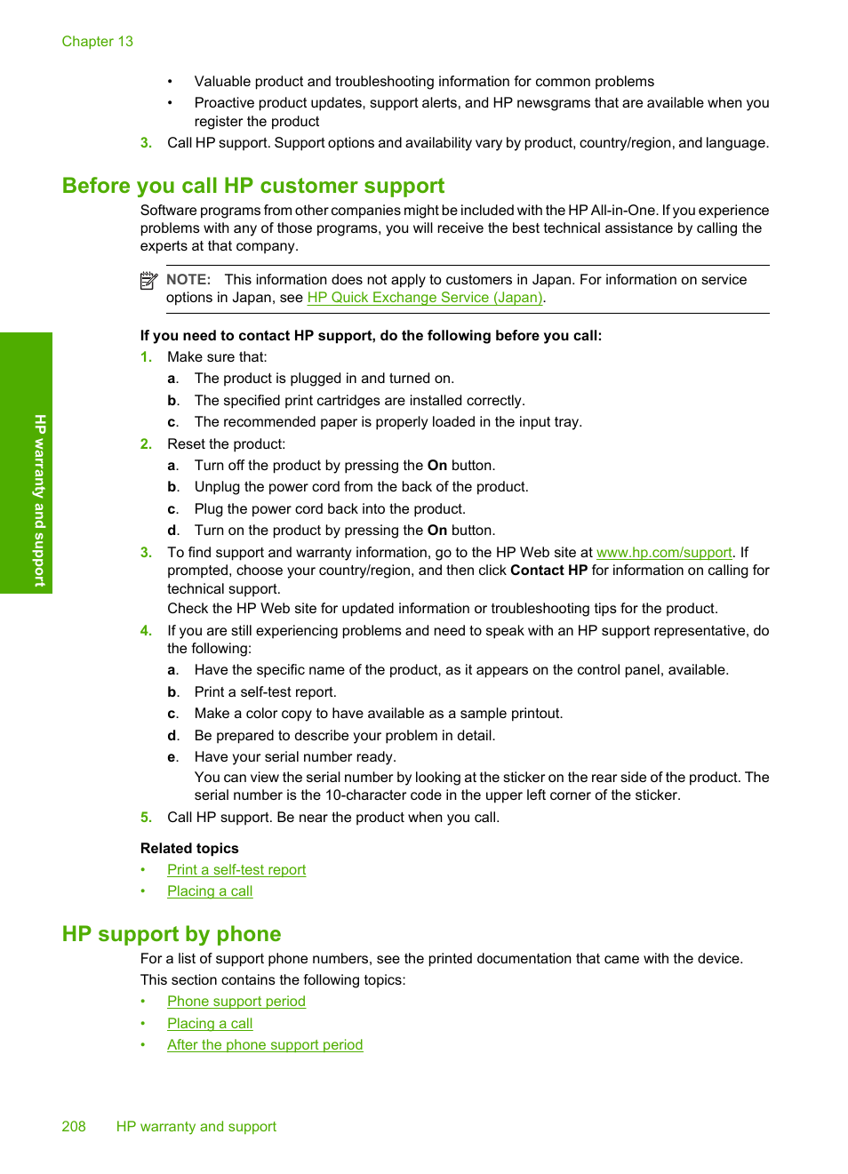 Before you call hp customer support, Hp support by phone | HP Deskjet F4240 All-in-One Printer User Manual | Page 211 / 227