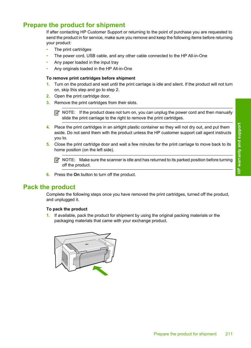 Prepare the product for shipment, Pack the product, Prepare the product for shipment pack the product | HP Deskjet F4240 All-in-One Printer User Manual | Page 214 / 227