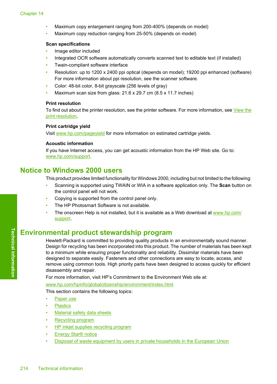 Notice to windows 2000 users, Environmental product stewardship program | HP Deskjet F4240 All-in-One Printer User Manual | Page 217 / 227