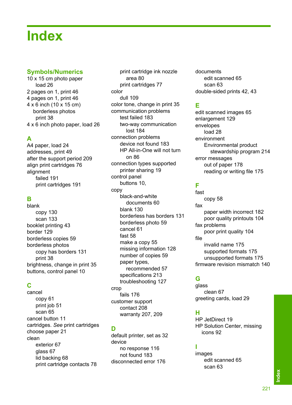 Index | HP Deskjet F4240 All-in-One Printer User Manual | Page 224 / 227