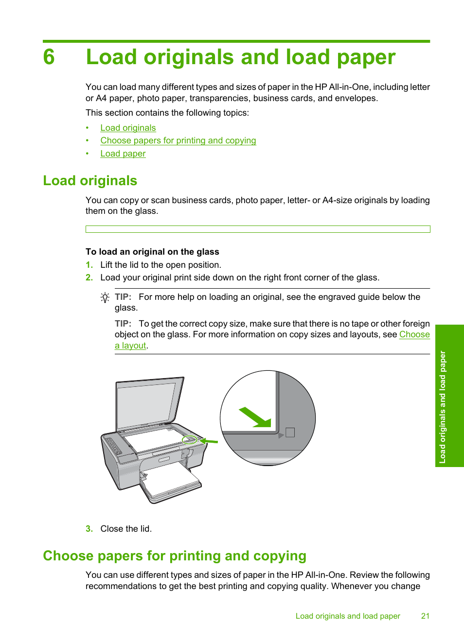 Load originals and load paper, Load originals, Choose papers for printing and copying | 6 load originals and load paper, 6load originals and load paper | HP Deskjet F4240 All-in-One Printer User Manual | Page 24 / 227