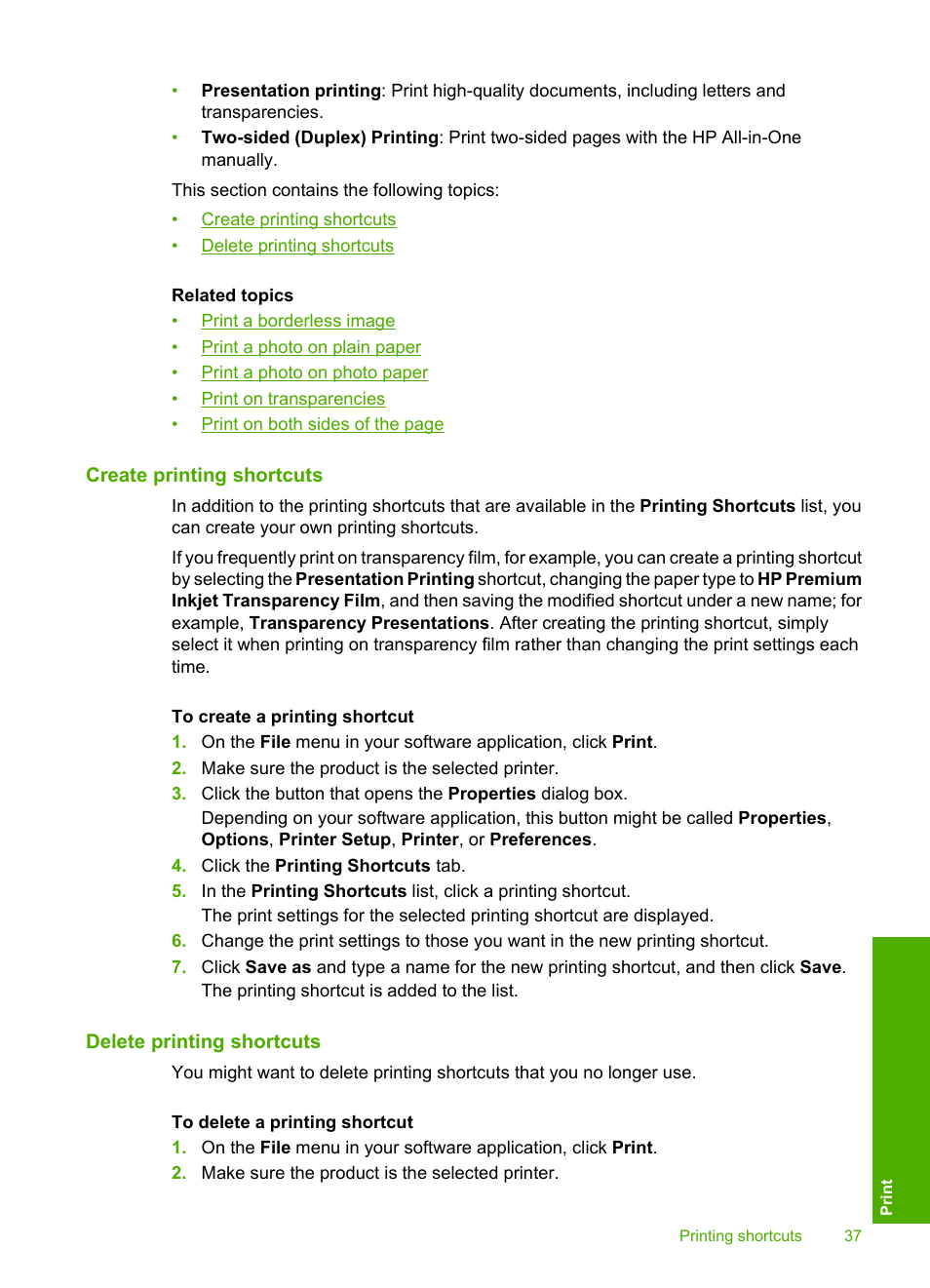 Create printing shortcuts, Delete printing shortcuts | HP Deskjet F4240 All-in-One Printer User Manual | Page 40 / 227