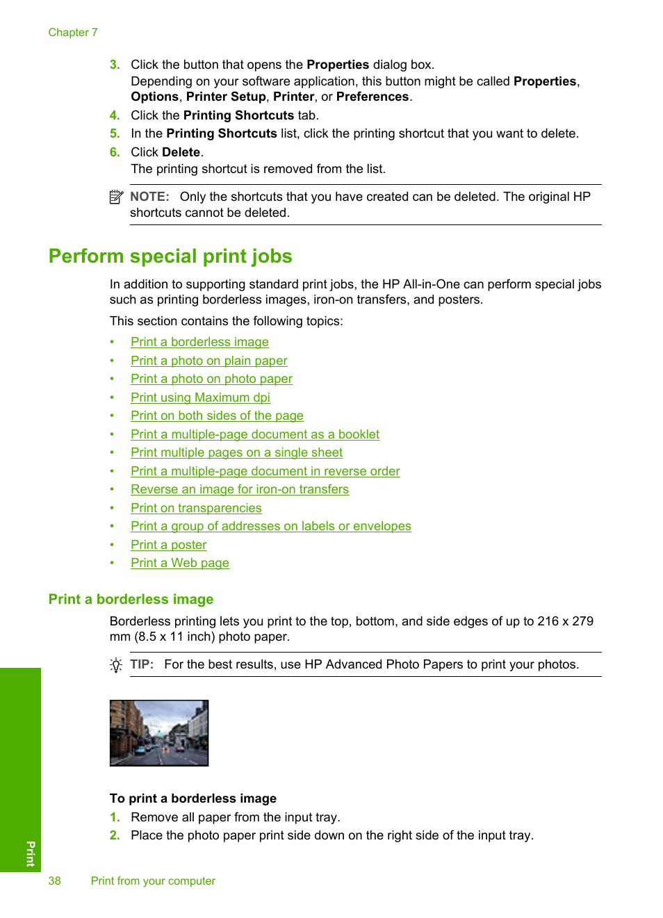 Perform special print jobs, Print a borderless image | HP Deskjet F4240 All-in-One Printer User Manual | Page 41 / 227