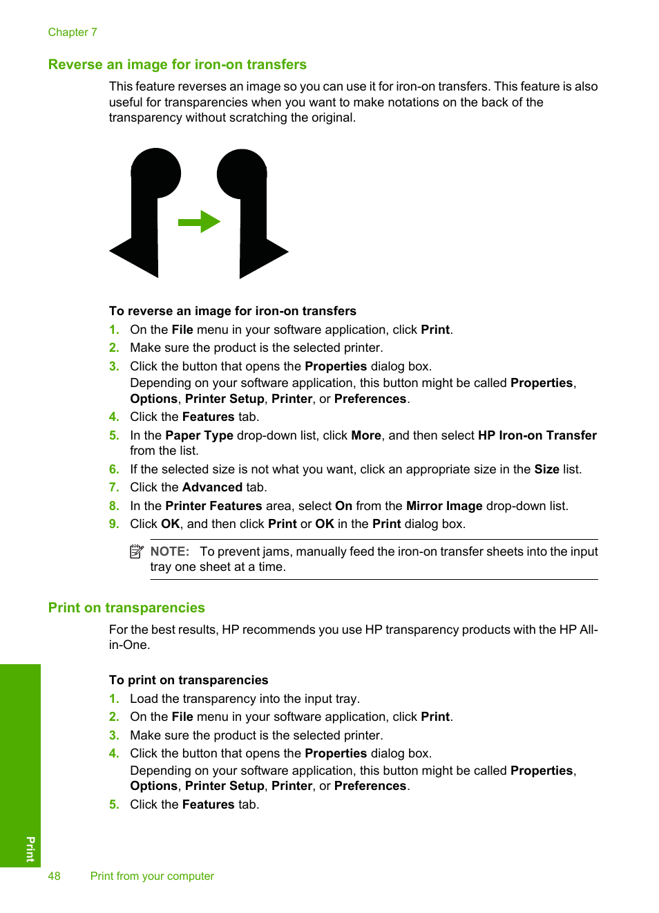 Reverse an image for iron-on transfers, Print on transparencies | HP Deskjet F4240 All-in-One Printer User Manual | Page 51 / 227