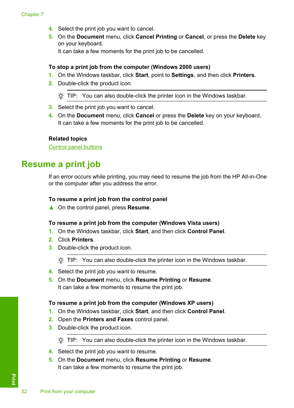 Resume a print job | HP Deskjet F4240 All-in-One Printer User Manual | Page 55 / 227