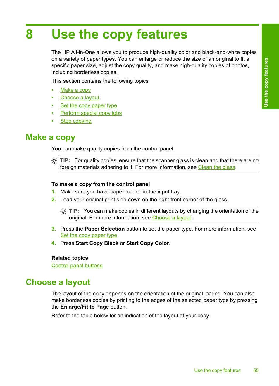 Use the copy features, Make a copy, Choose a layout | 8 use the copy features, Make a copy choose a layout, Choose, A layout, 8use the copy features | HP Deskjet F4240 All-in-One Printer User Manual | Page 58 / 227