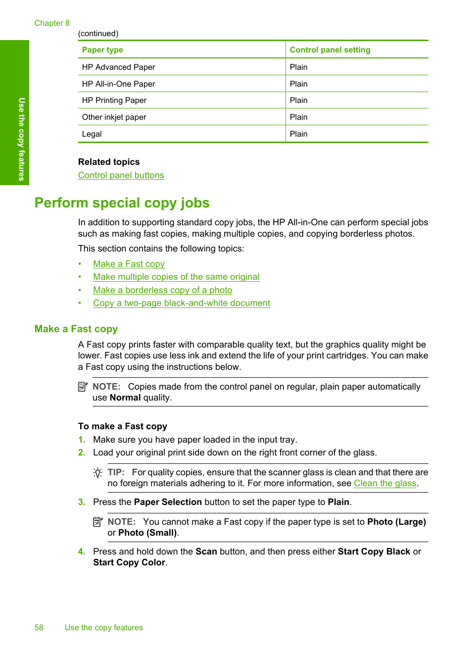 Perform special copy jobs, Make a fast copy | HP Deskjet F4240 All-in-One Printer User Manual | Page 61 / 227