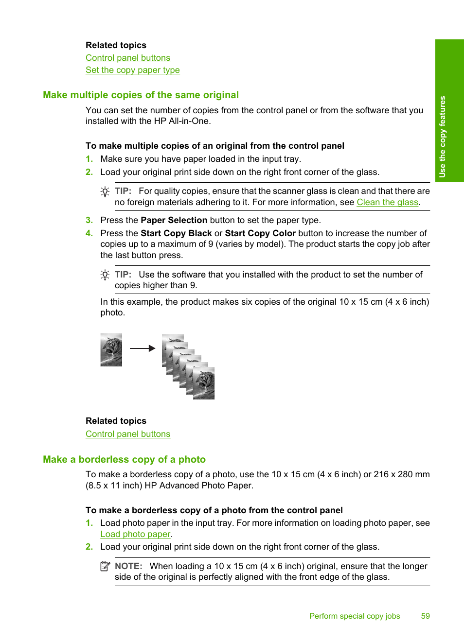 Make multiple copies of the same original, Make a borderless copy of a photo | HP Deskjet F4240 All-in-One Printer User Manual | Page 62 / 227