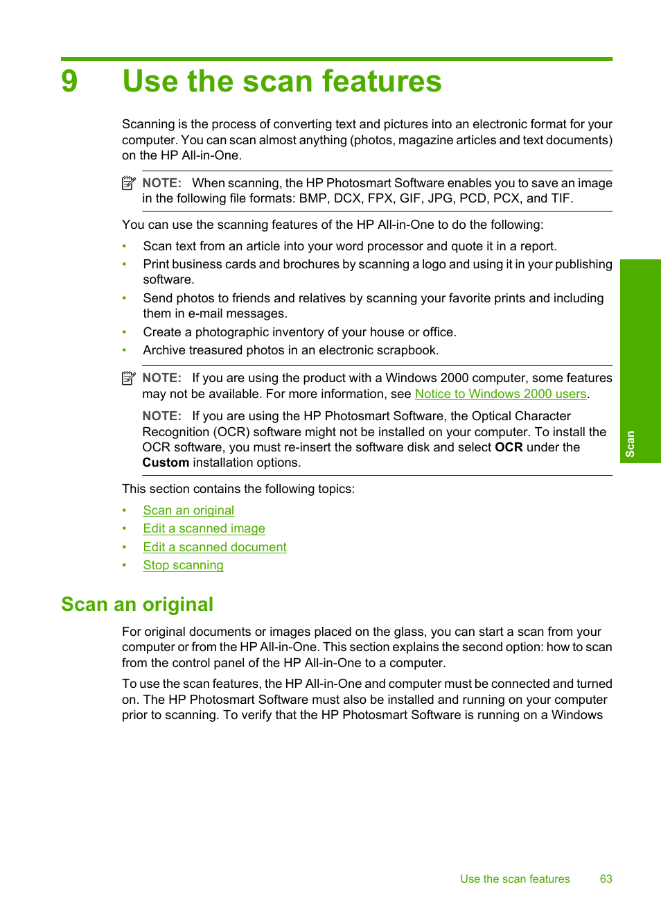 Use the scan features, Scan an original, 9 use the scan features | How do i scan using the control panel, 9use the scan features | HP Deskjet F4240 All-in-One Printer User Manual | Page 66 / 227