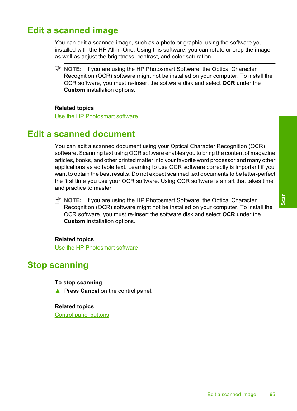 Edit a scanned image, Edit a scanned document, Stop scanning | HP Deskjet F4240 All-in-One Printer User Manual | Page 68 / 227