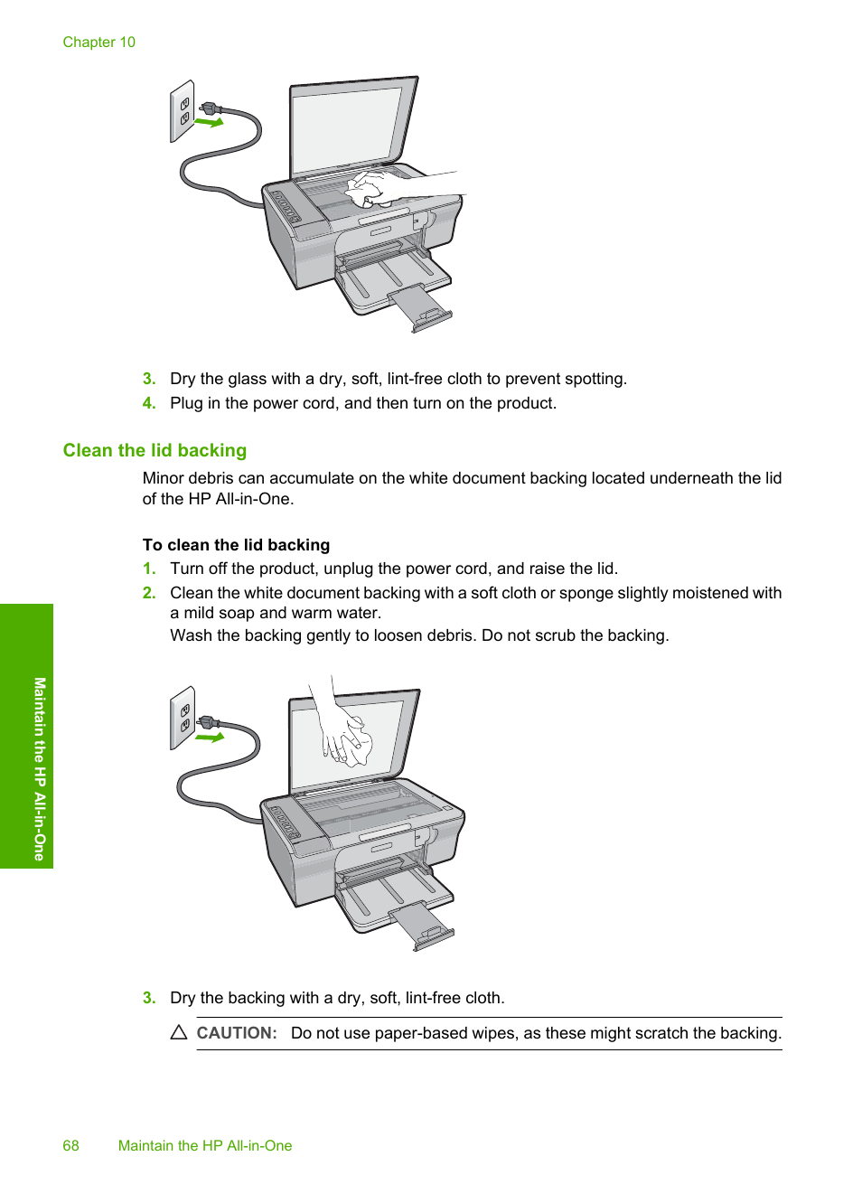 Clean the lid backing | HP Deskjet F4240 All-in-One Printer User Manual | Page 71 / 227