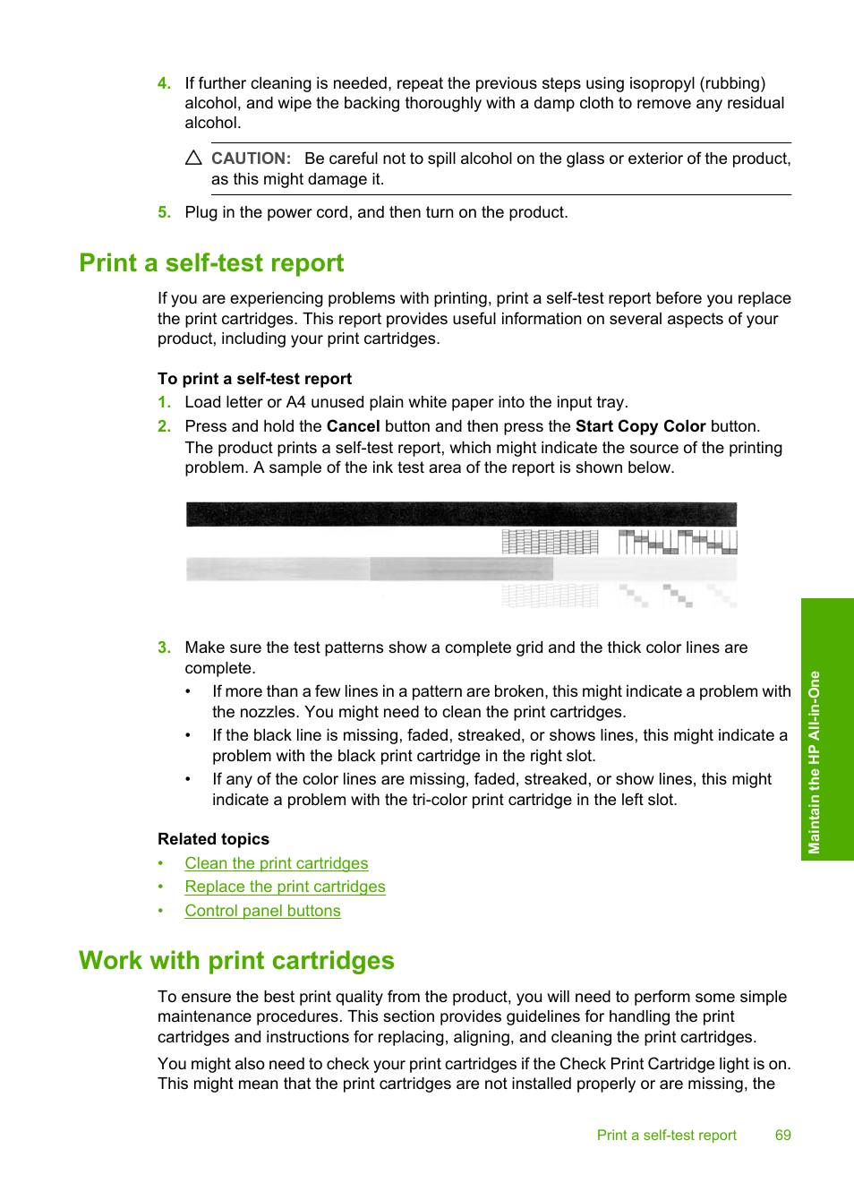 Print a self-test report, Work with print cartridges, Ink-backup mode output exit ink-backup mode | HP Deskjet F4240 All-in-One Printer User Manual | Page 72 / 227