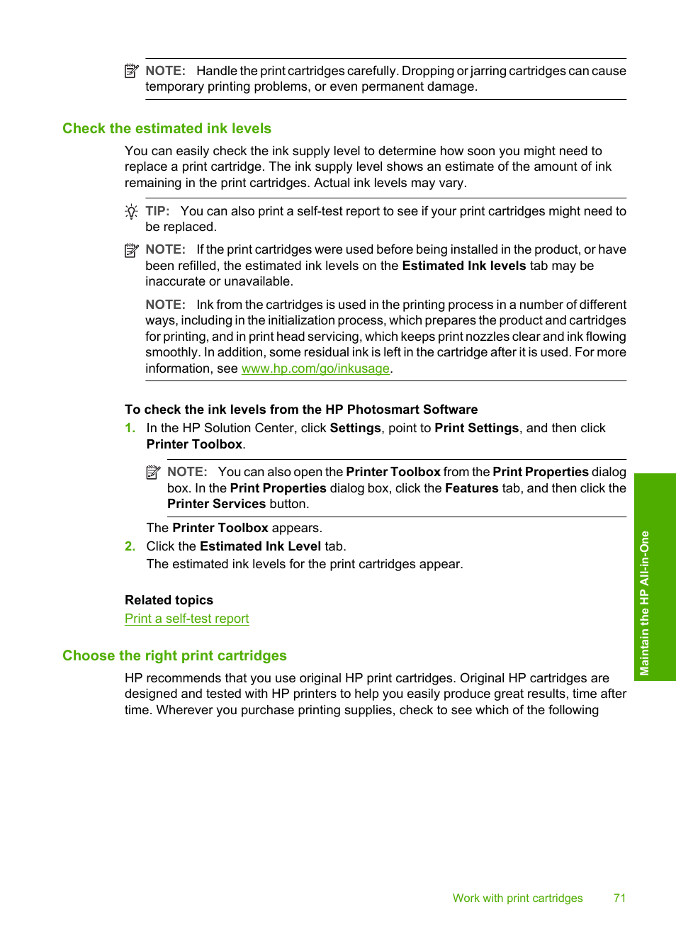 Check the estimated ink levels, Choose the right print cartridges | HP Deskjet F4240 All-in-One Printer User Manual | Page 74 / 227