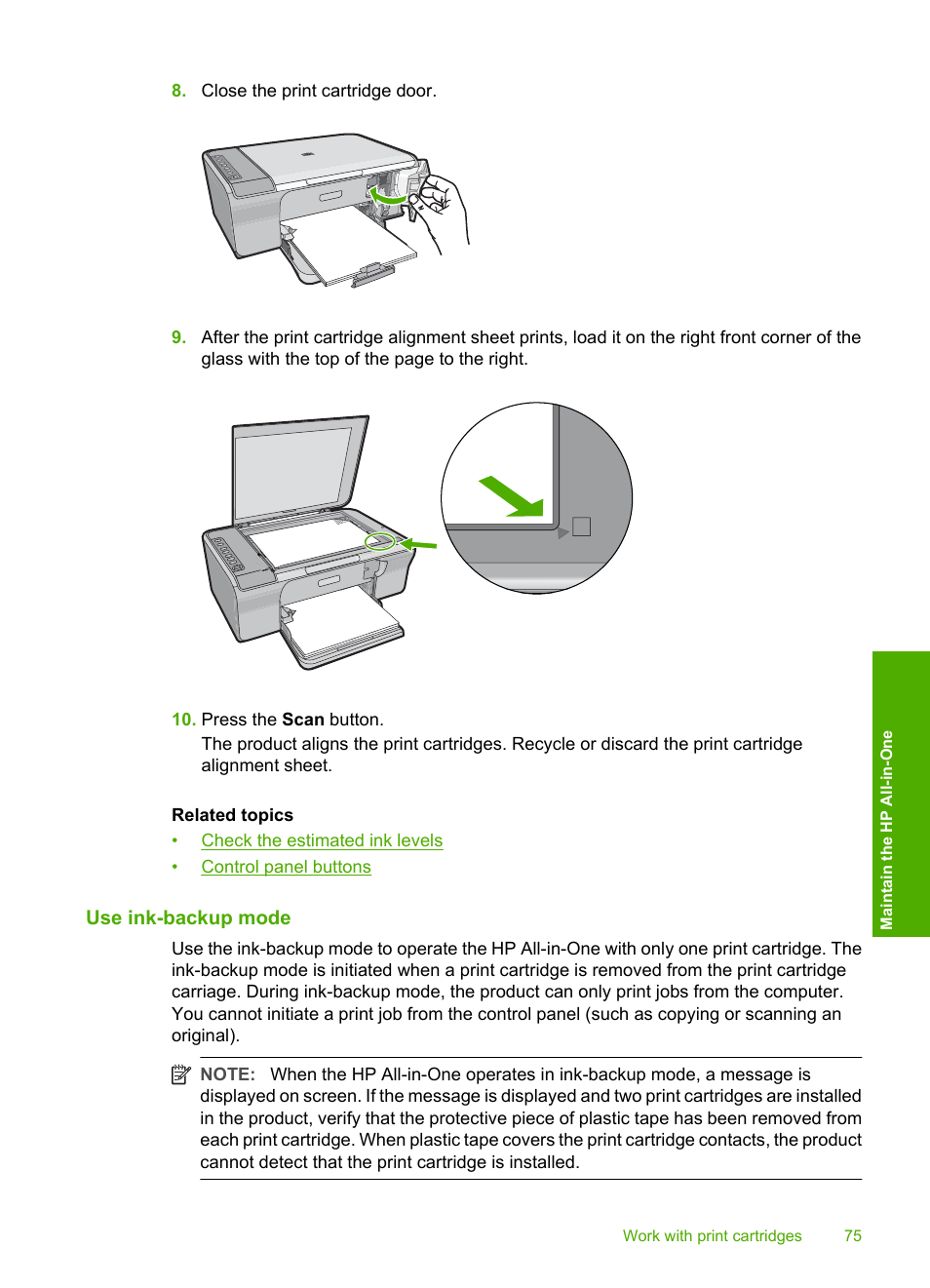 Use ink-backup mode | HP Deskjet F4240 All-in-One Printer User Manual | Page 78 / 227