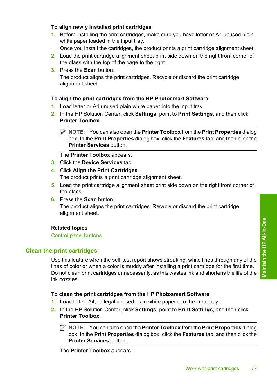 Clean the print cartridges | HP Deskjet F4240 All-in-One Printer User Manual | Page 80 / 227