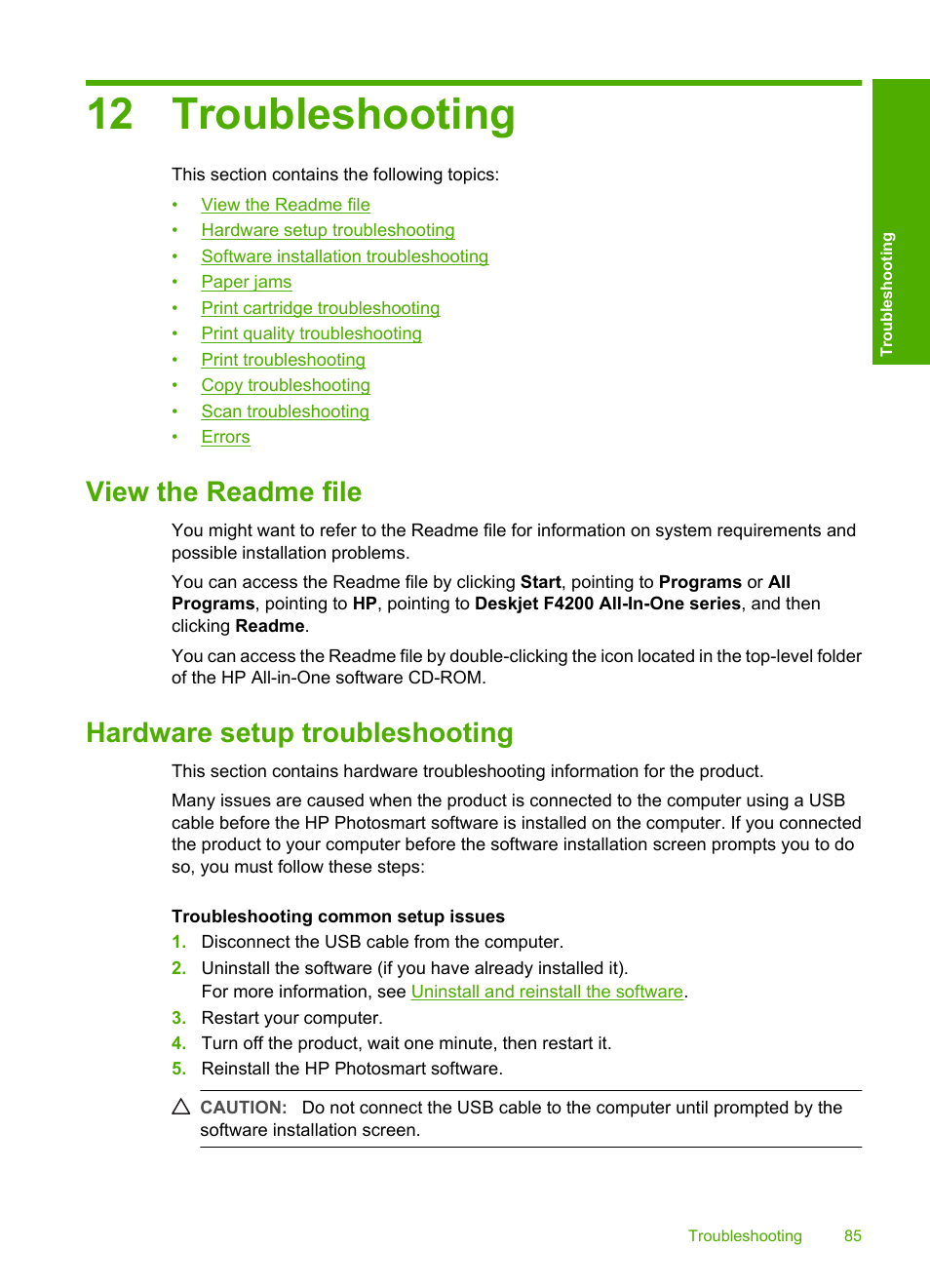 Troubleshooting, View the readme file, Hardware setup troubleshooting | 12 troubleshooting, The product will not turn on, View, The readme file | HP Deskjet F4240 All-in-One Printer User Manual | Page 88 / 227