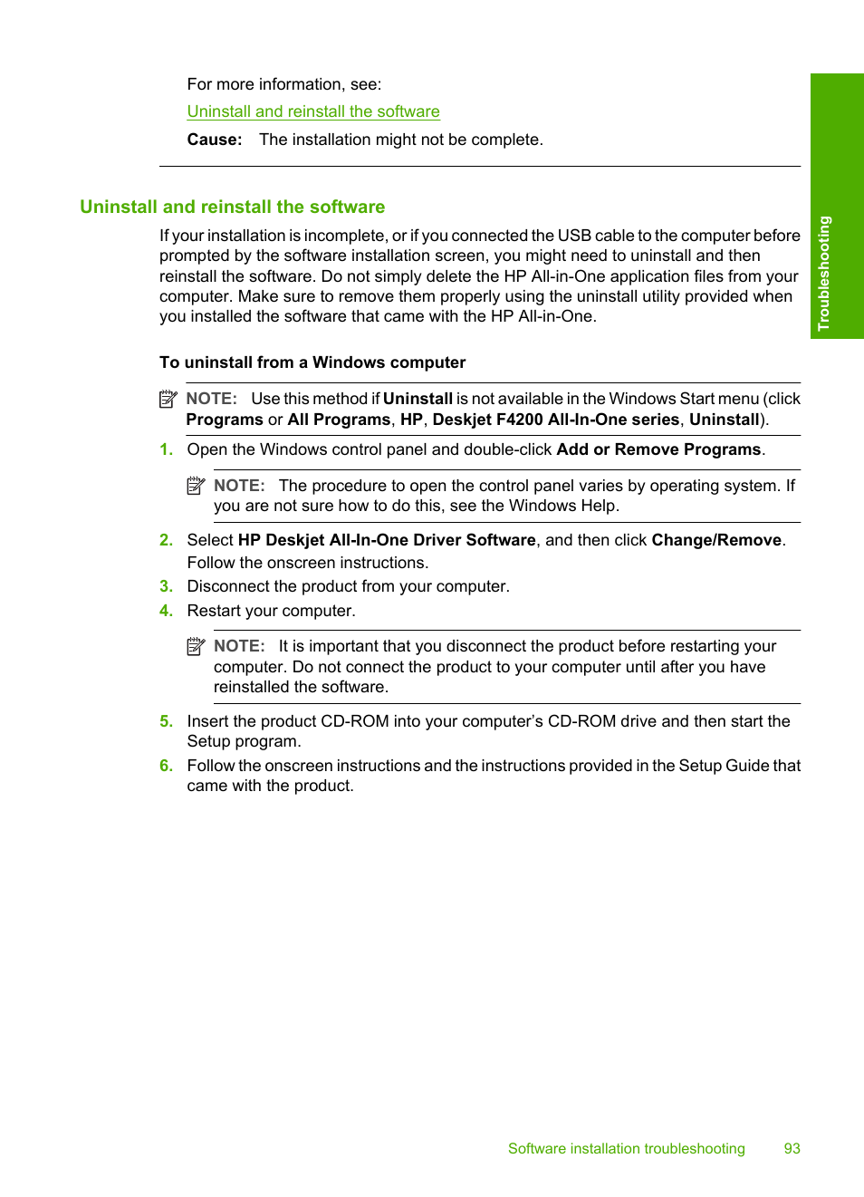 Uninstall and reinstall the software | HP Deskjet F4240 All-in-One Printer User Manual | Page 96 / 227