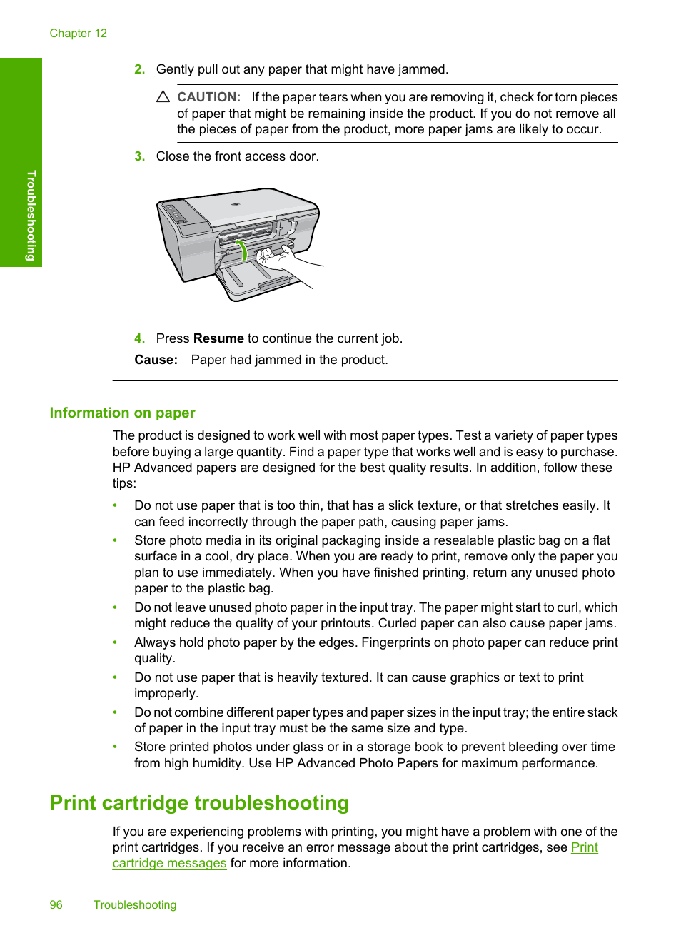 Information on paper, Print cartridge troubleshooting | HP Deskjet F4240 All-in-One Printer User Manual | Page 99 / 227