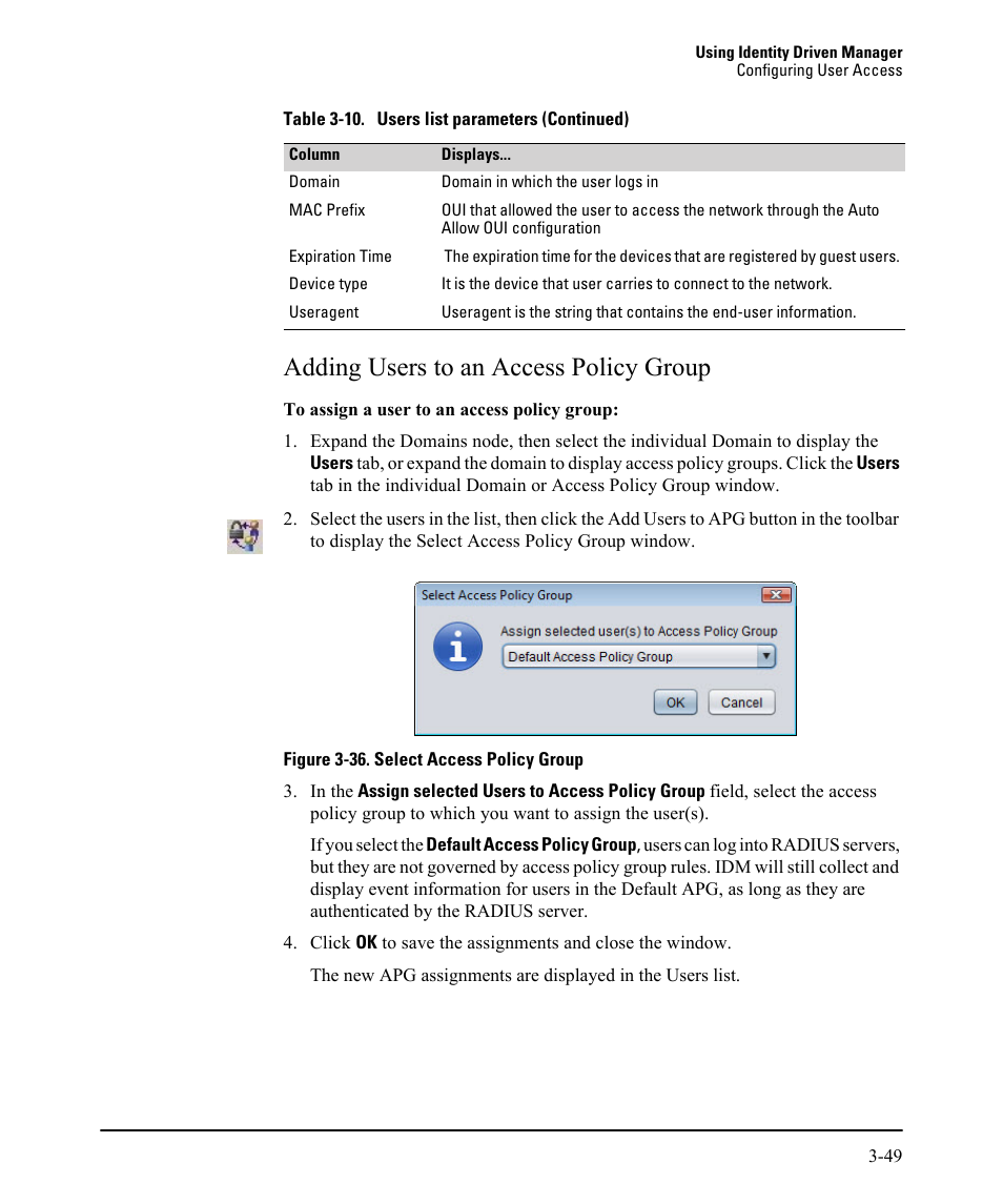 Adding users to an access policy group, Adding users to an access policy group -49 | HP Identity Driven Manager Software Series User Manual | Page 113 / 230