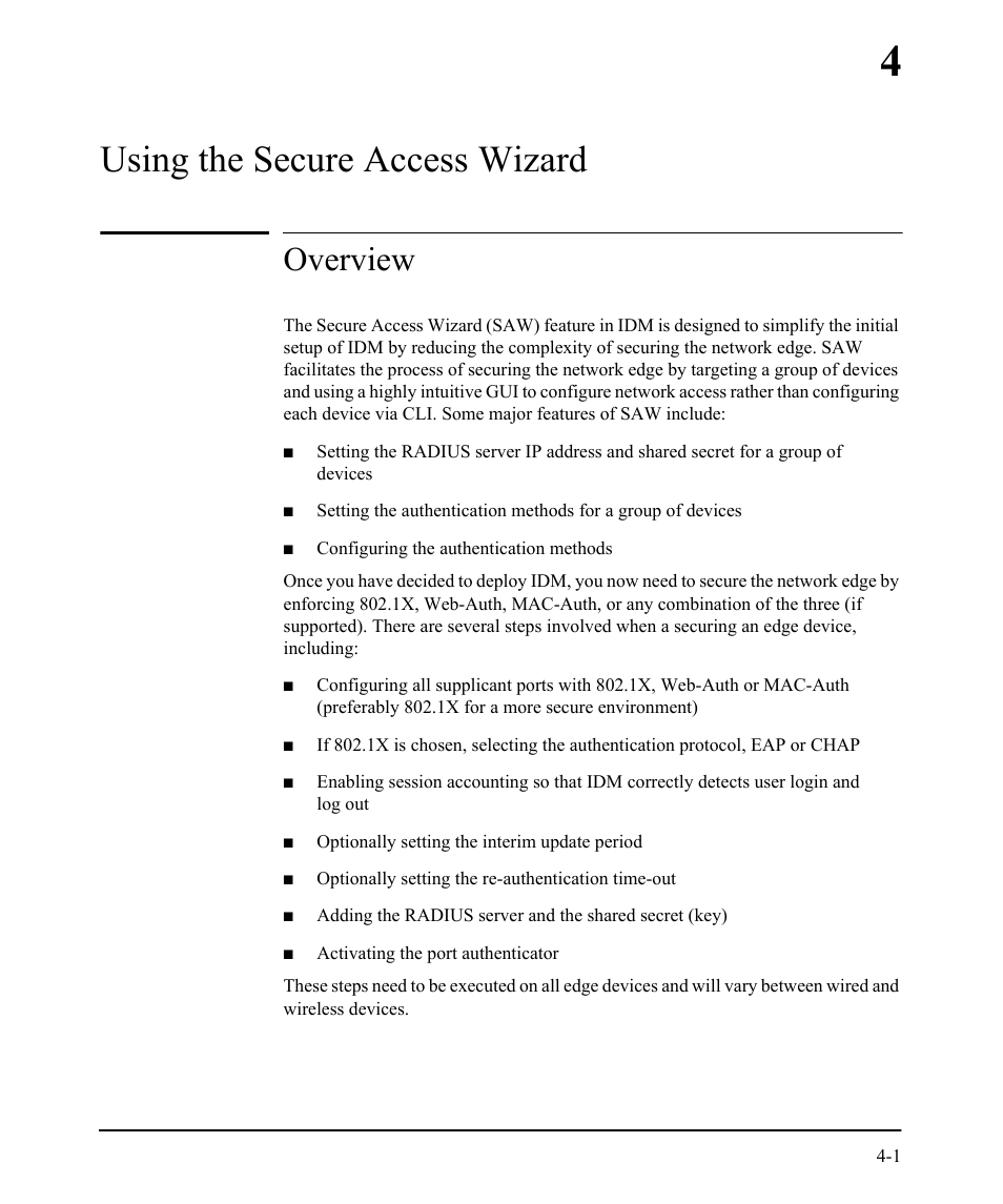 Using the secure access wizard, Overview, 4 using the secure access wizard | HP Identity Driven Manager Software Series User Manual | Page 179 / 230