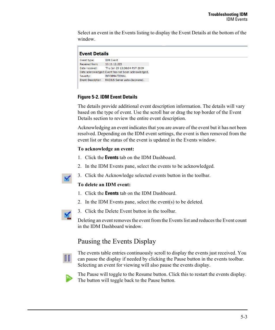 Pausing the events display, Pausing the events display -3 | HP Identity Driven Manager Software Series User Manual | Page 205 / 230