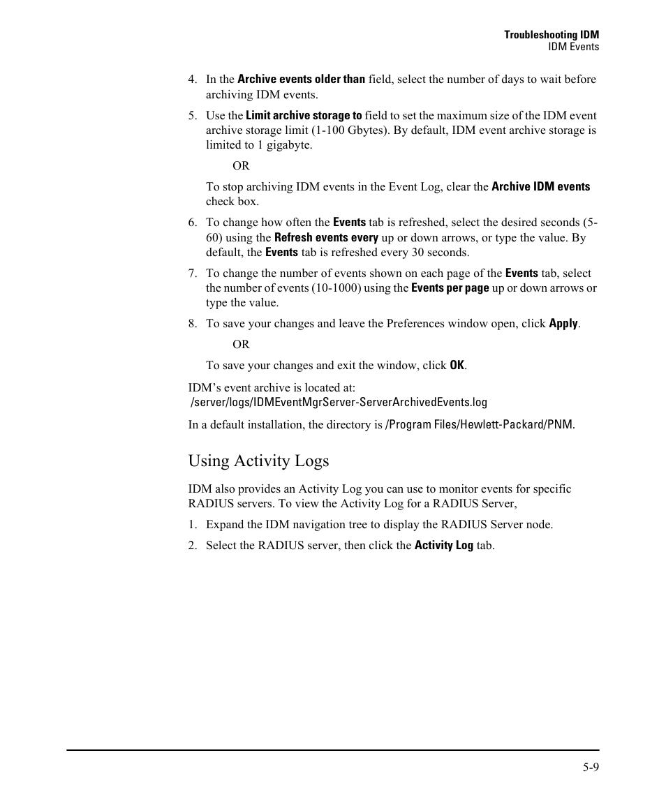 Using activity logs, Using activity logs -9 | HP Identity Driven Manager Software Series User Manual | Page 211 / 230