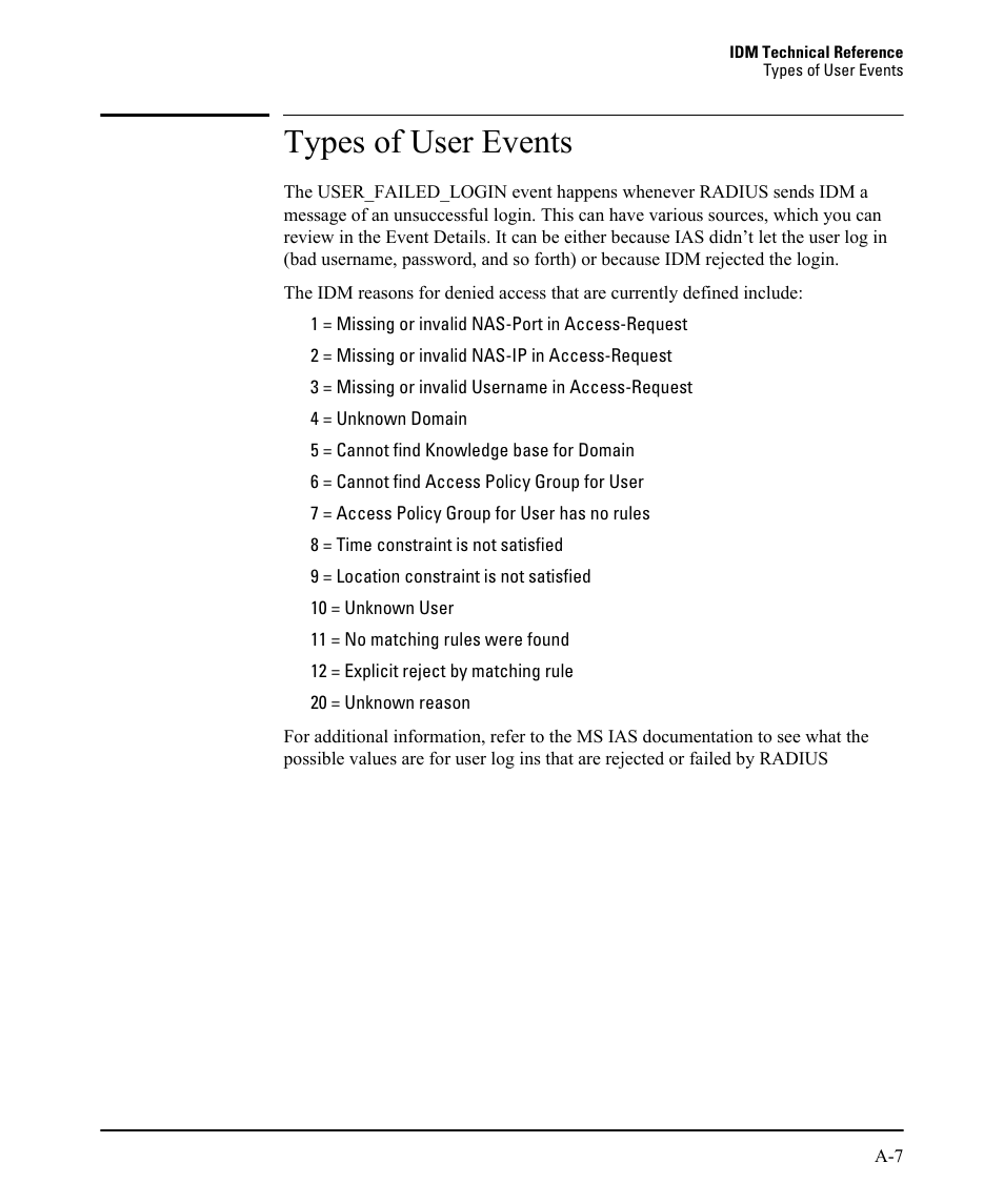 Types of user events | HP Identity Driven Manager Software Series User Manual | Page 223 / 230