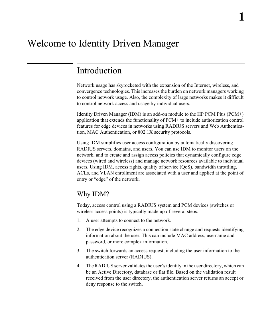 Welcome to identity driven manager, Introduction, Why idm | 1 welcome to identity driven manager, Why idm? -1 | HP Identity Driven Manager Software Series User Manual | Page 7 / 230