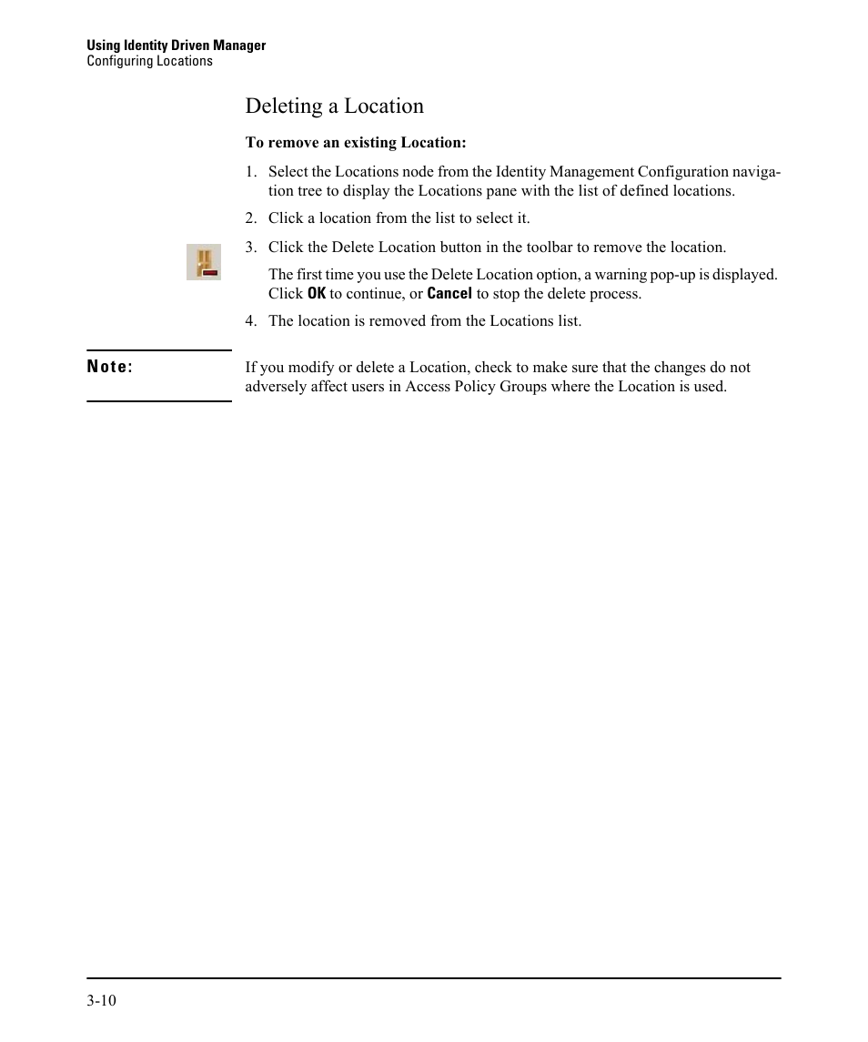 Deleting a location, Deleting a location -10 | HP Identity Driven Manager Software Series User Manual | Page 74 / 230