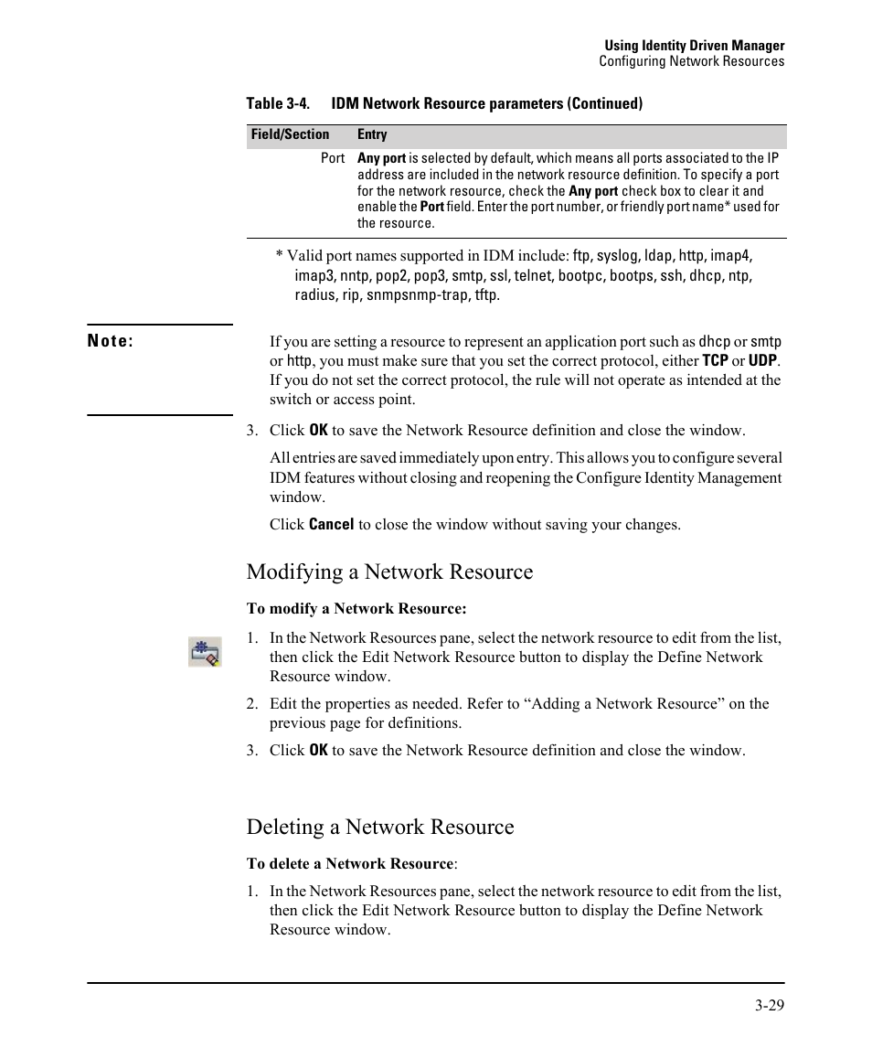 Modifying a network resource, Deleting a network resource | HP Identity Driven Manager Software Series User Manual | Page 93 / 230