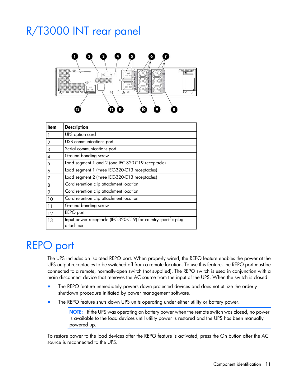 R/t3000 int rear panel, Repo port | HP Tower Uninterruptible Power System User Manual | Page 11 / 80