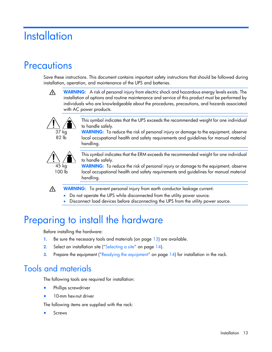 Installation, Precautions, Preparing to install the hardware | Tools and materials | HP Tower Uninterruptible Power System User Manual | Page 13 / 80