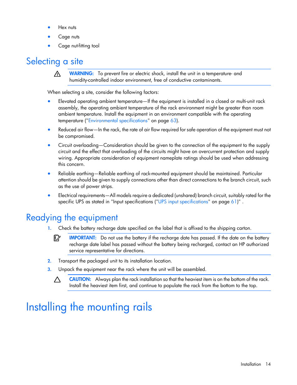Selecting a site, Readying the equipment, Installing the mounting rails | HP Tower Uninterruptible Power System User Manual | Page 14 / 80