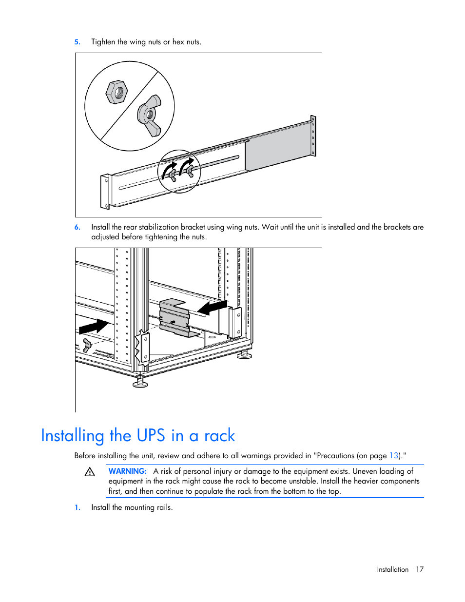 Installing the ups in a rack | HP Tower Uninterruptible Power System User Manual | Page 17 / 80