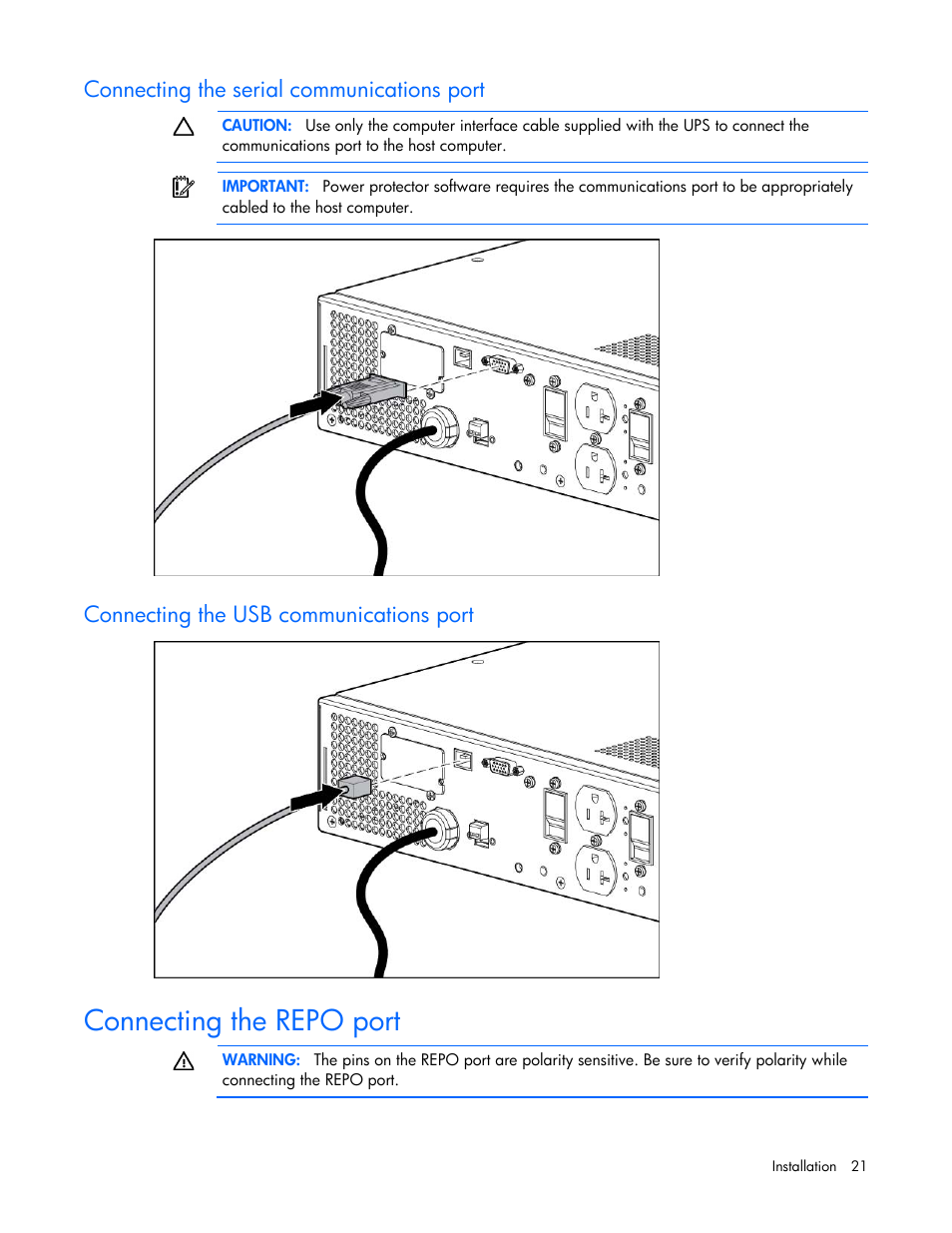 Connecting the serial communications port, Connecting the usb communications port, Connecting the repo port | HP Tower Uninterruptible Power System User Manual | Page 21 / 80