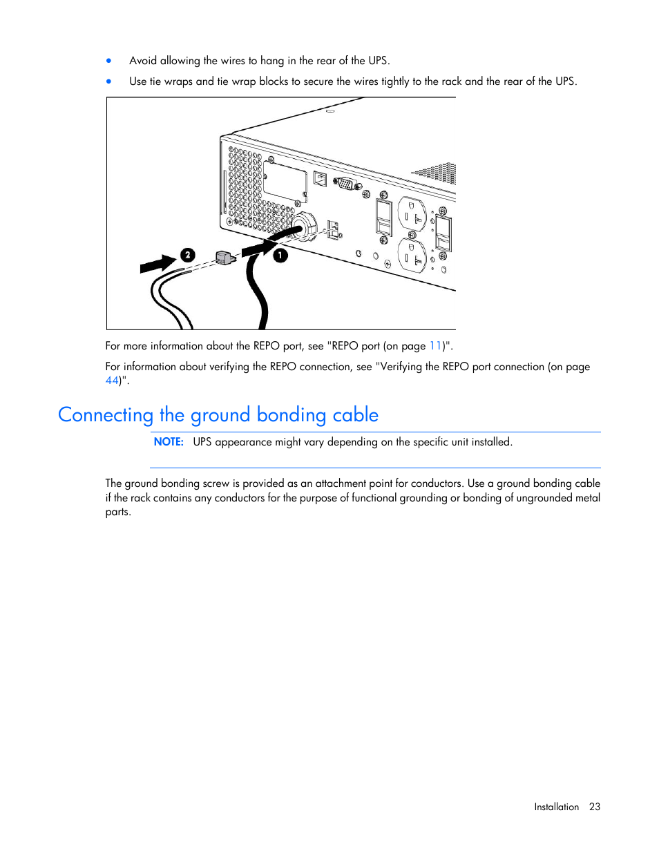 Connecting the ground bonding cable | HP Tower Uninterruptible Power System User Manual | Page 23 / 80