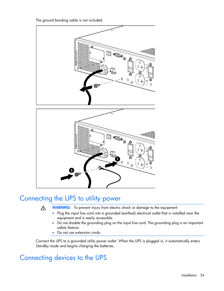 Connecting the ups to utility power, Connecting devices to the ups | HP Tower Uninterruptible Power System User Manual | Page 24 / 80