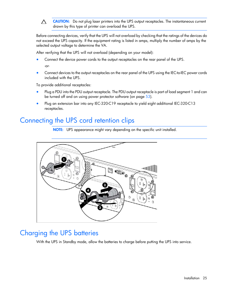 Connecting the ups cord retention clips, Charging the ups batteries | HP Tower Uninterruptible Power System User Manual | Page 25 / 80